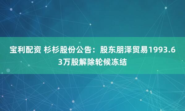 宝利配资 杉杉股份公告：股东朋泽贸易1993.63万股解除轮候冻结